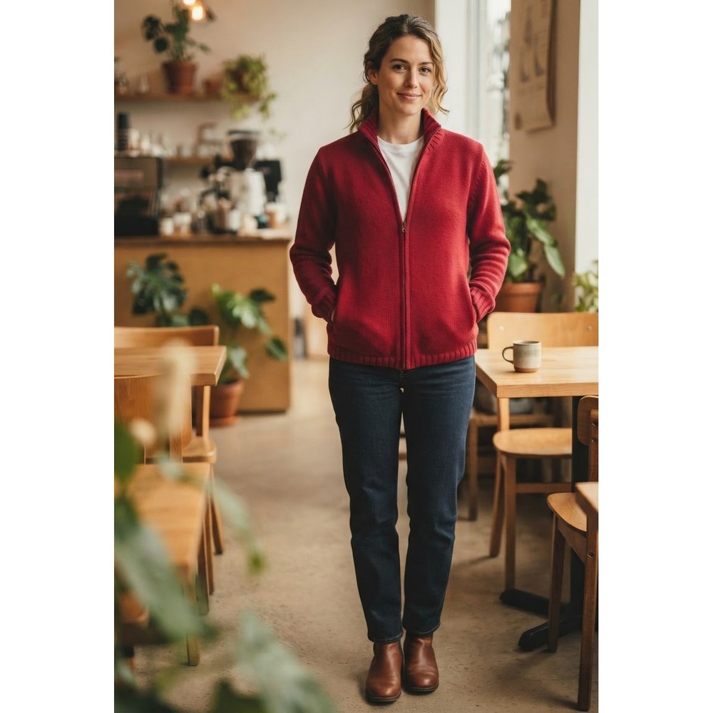 Nordstrom Womens Red 100% Cotton Full Zip Cardigan Sweater Mock Neck Small